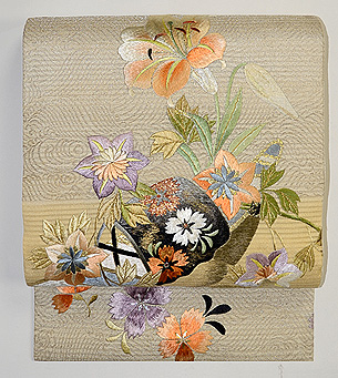 波に花筏の刺繍帯