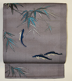 笹に鮎刺繍帯