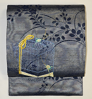虫かごに螽斯(キリギリス)刺繍名古屋帯