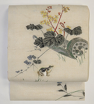秋草に蛙の刺繍名古屋帯