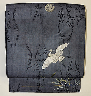 蛇籠に飛翔鷺の図紗名古屋帯