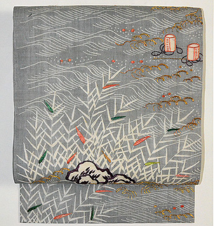 「礒浜に塩汲みの図」江戸裂名古屋帯