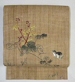 秋草と蛙の刺繍科布名古屋帯