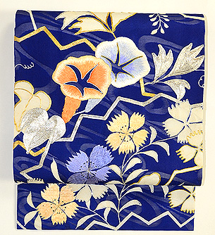 ブルー地夏草の図名古屋帯