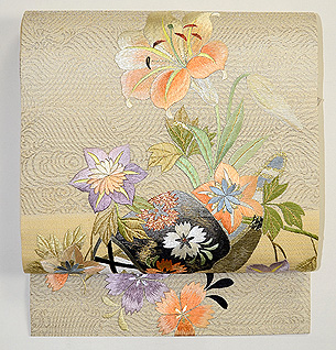 夏草船刺繍開き名古屋帯