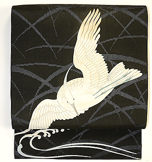 飛翔鷺の図名古屋帯