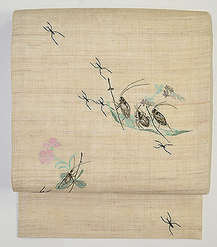 虫たちの図刺繍麻名古屋帯