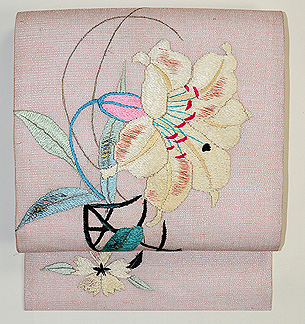 羅に白百合の刺繍名古屋帯