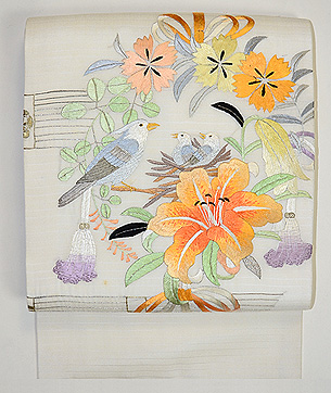 花輪に小鳥の刺繍帯