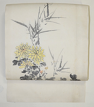 菊と萩墨絵の名古屋帯