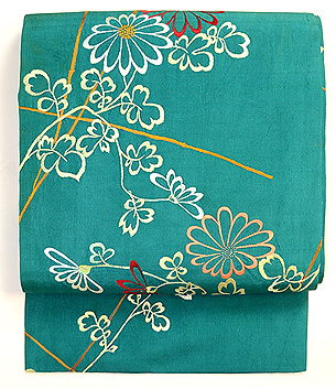 青緑地菊の刺繍帯