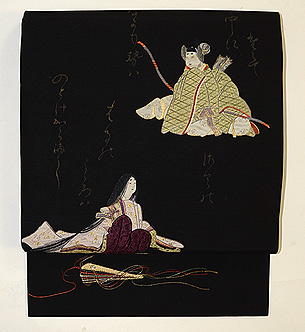 黒地刺繍歌詠み名古屋帯