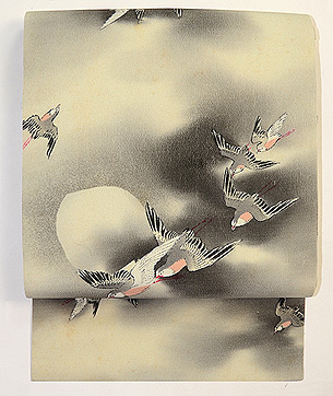 千鳥に十三夜月縮緬染名古屋帯