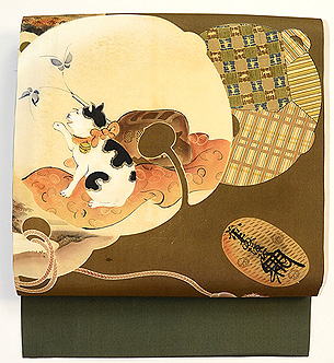 鈴に猫の絵染め名古屋帯