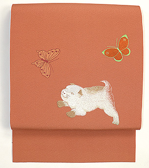 蝶々に子犬の刺繍帯