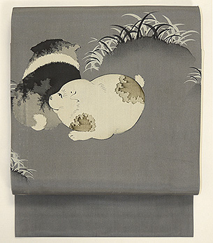 二匹のむく犬の図名古屋帯