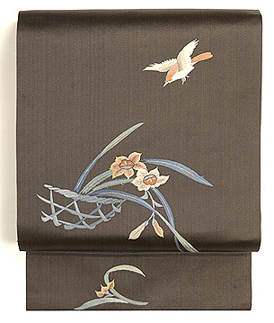 水仙にひよどり刺繍名古屋帯