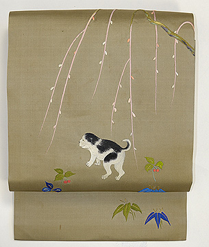 柳に仔犬の図名古屋帯