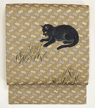 黒猫と弘法麦の刺繍名古屋帯