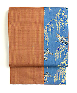 柳にスズメと縞の名古屋帯