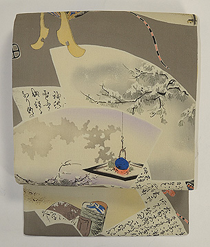 扇面に「鉢の木」縮緬名古屋帯