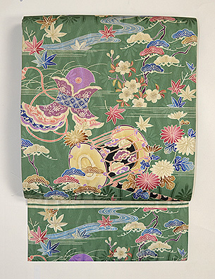 江戸解楽器尽し模様染名古屋帯(緑)