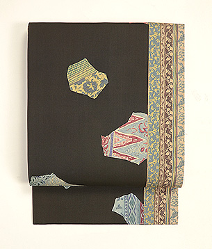 手描き更紗に縞切り継ぎ帯