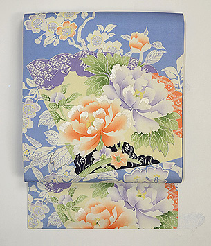 扇面に牡丹と春の花々染名古屋帯