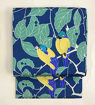 枝葉とインコ染名古屋帯