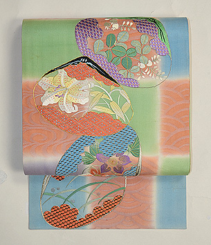 夏花の貝合わせ刺繍紗開き名古屋帯