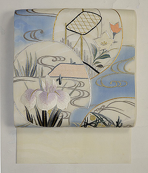 流水に団扇地紙刺繍紗開き名古屋帯