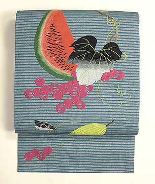 夏の果物にコオロギ刺繍名古屋帯
