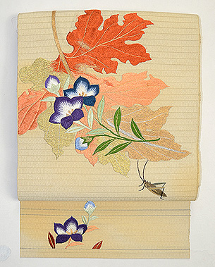 桐の葉に桔梗とバッタの単衣帯