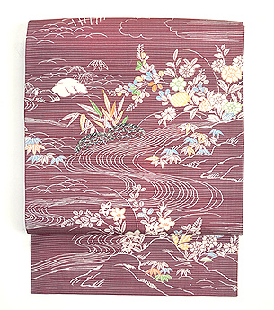 流水に萩と笹の図夏帯