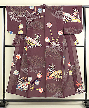 小豆色夏お召水辺の図小紋