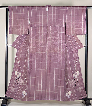 葡萄色紋錦紗変わり格子袷お散歩着