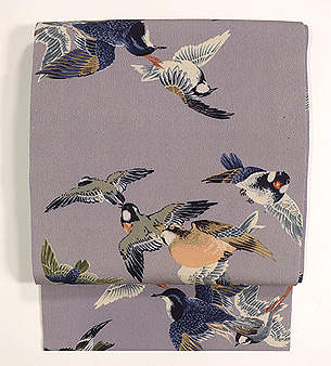 小鳥たちの図縮緬名古屋帯