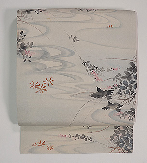 秋の水辺にカラス 手描き名古屋帯