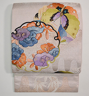 松竹梅壺垂れ地紋花丸刺繍袋帯