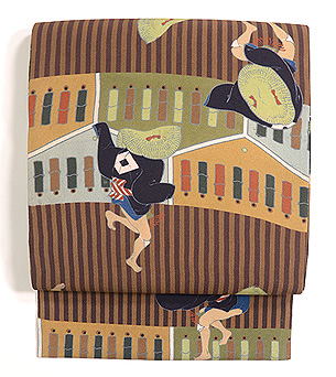 縮緬地縞と鳴子、雀踊り名古屋帯