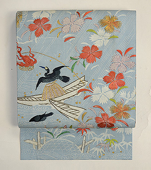 鵜飼の図江戸裂刺繍帯