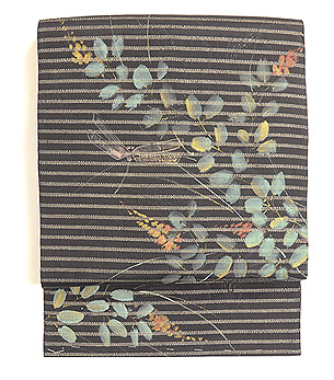 黒地萩に蜻蛉染め名古屋帯