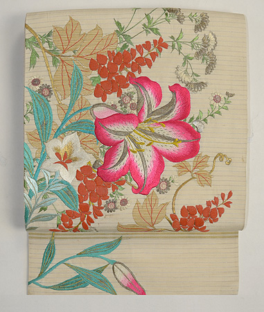 百合と野の花刺繍名古屋帯 - アンティーク着物の灯屋2