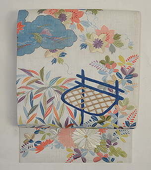 山荘の秋の庭図麻名古屋帯