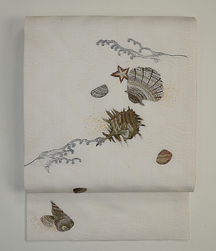海辺に貝殻刺繍紗名古屋帯
