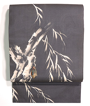 柳にセミの夏帯