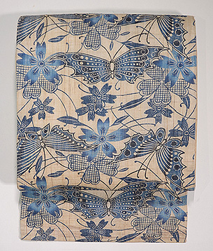 玉那覇有公作 麻地藍型の名古屋帯