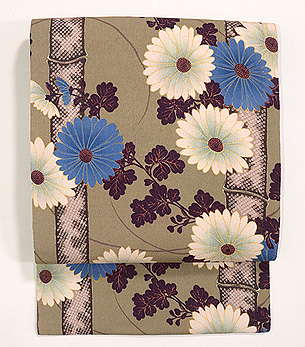 竹に菊の縮緬染名古屋帯