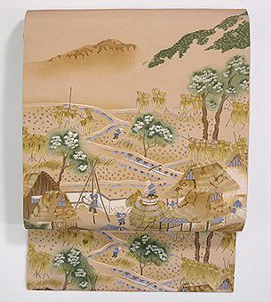 稲の刈入れ風景染名古屋帯
