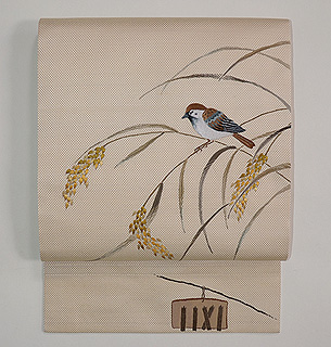 雀と稲穂刺繍帯